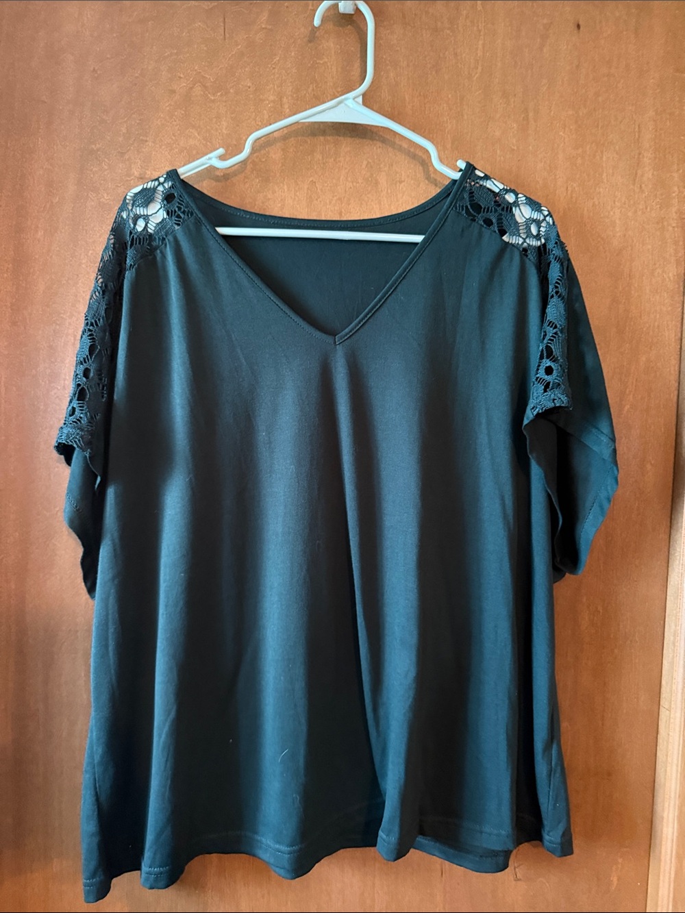 SHEIN deep teal V-Neck Short Sleeve Top with Lace Shoulders